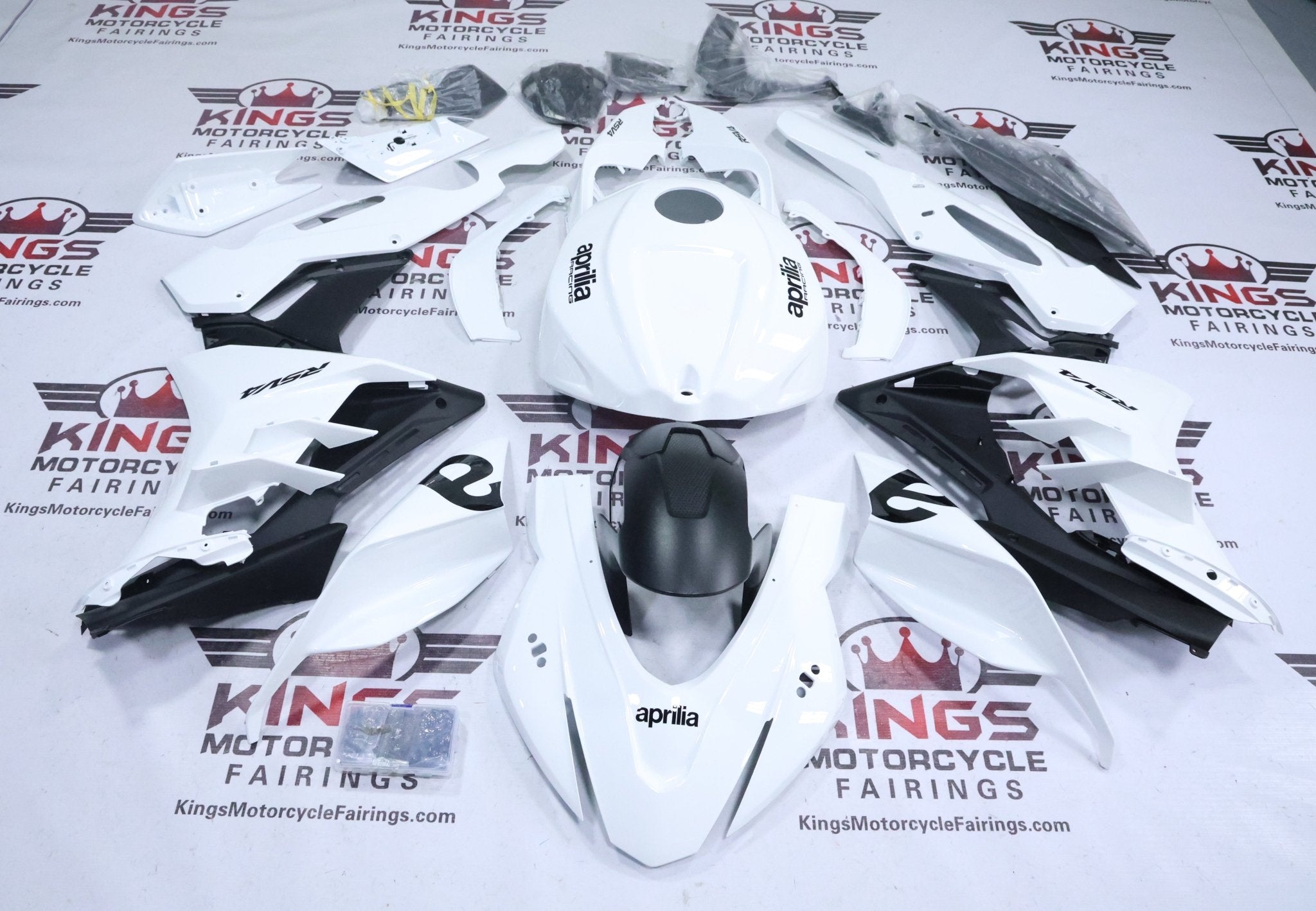 Aprilia RSV4 1100 Fairings (2021-2024) White, Black Gloss at KingsMotorcycleFairings.com