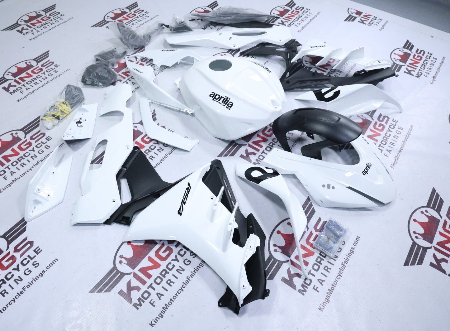 Aprilia RSV4 1100 Fairings (2021-2024) White, Black Gloss from KingsMotorcycleFairings.com