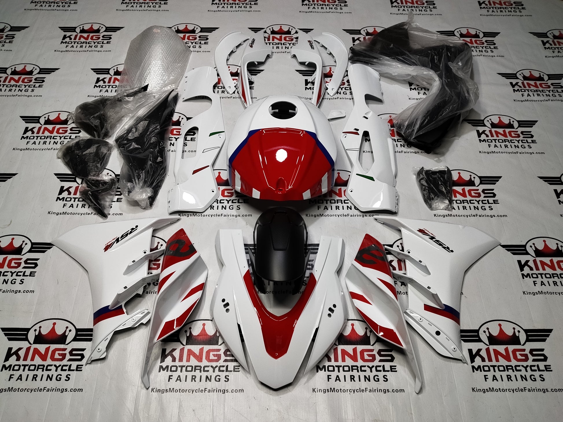 Aprilia RSV4 1100 Fairings (2021-2024) White, Red, Blue, Gray at KingsMotorcycleFairings.com