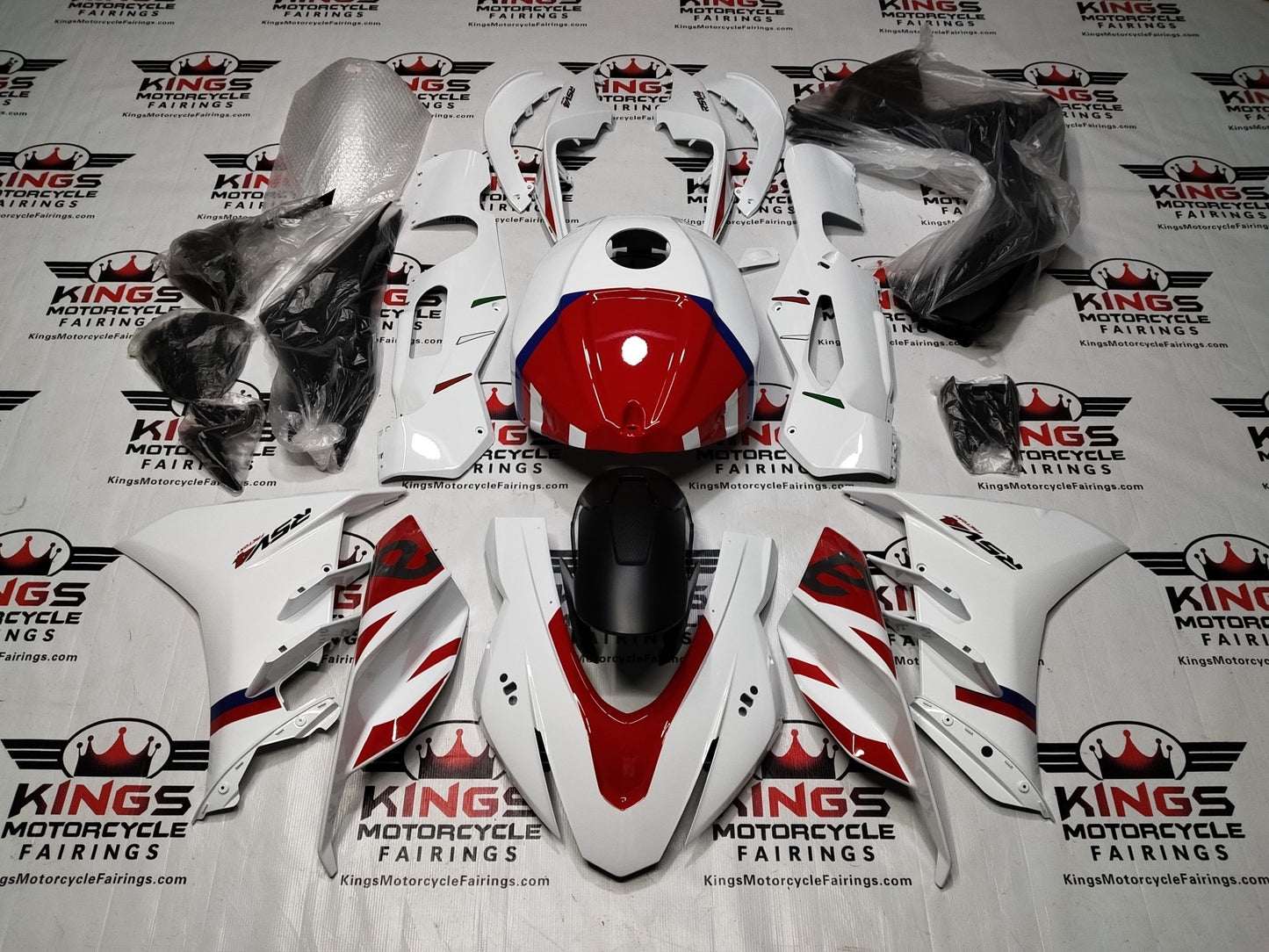 Aprilia RSV4 1100 Fairings (2021-2024) White, Red, Blue at KingsMotorcycleFairings.com