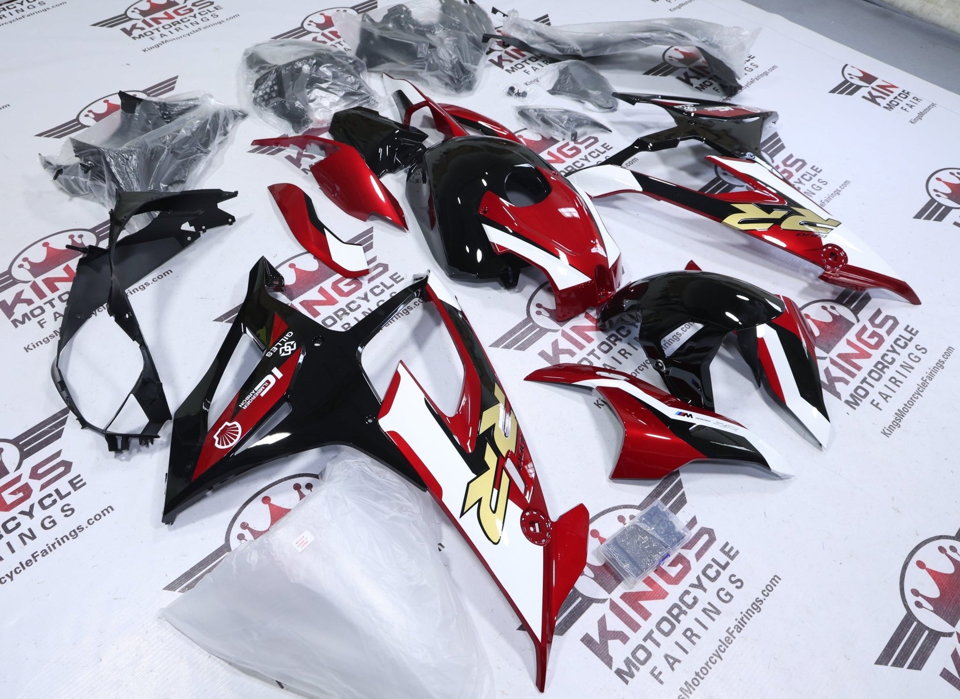 BMW S1000RR Fairing Set (2019-2022) Candy Red, White, Black, Gold at KingsMotorcycleFairings.com