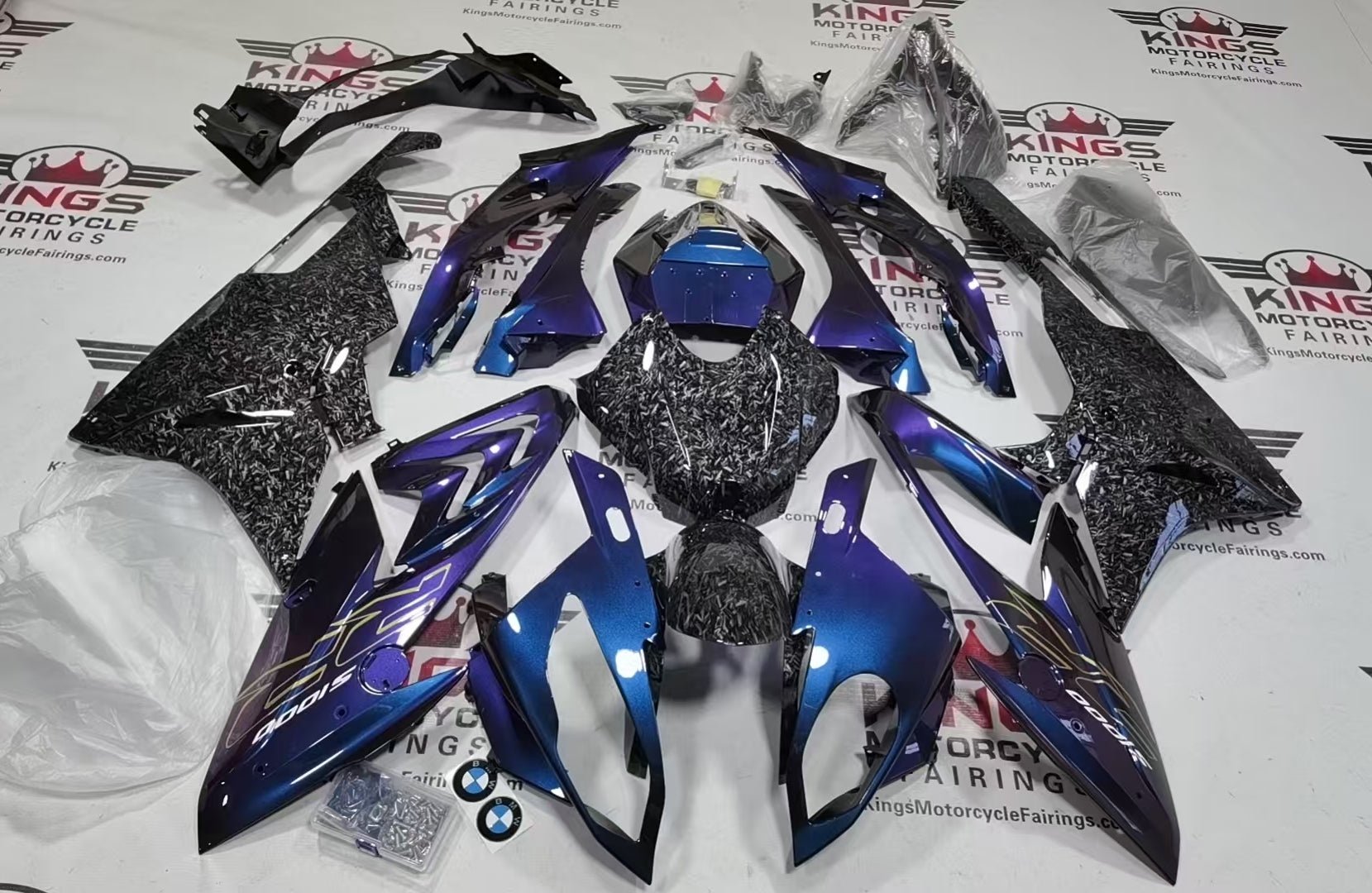BMW S1000RR Fairings (2015-2016) Chameleon Blue, Faux Forged Carbon Fiber at KingsMotorcycleFairings.com