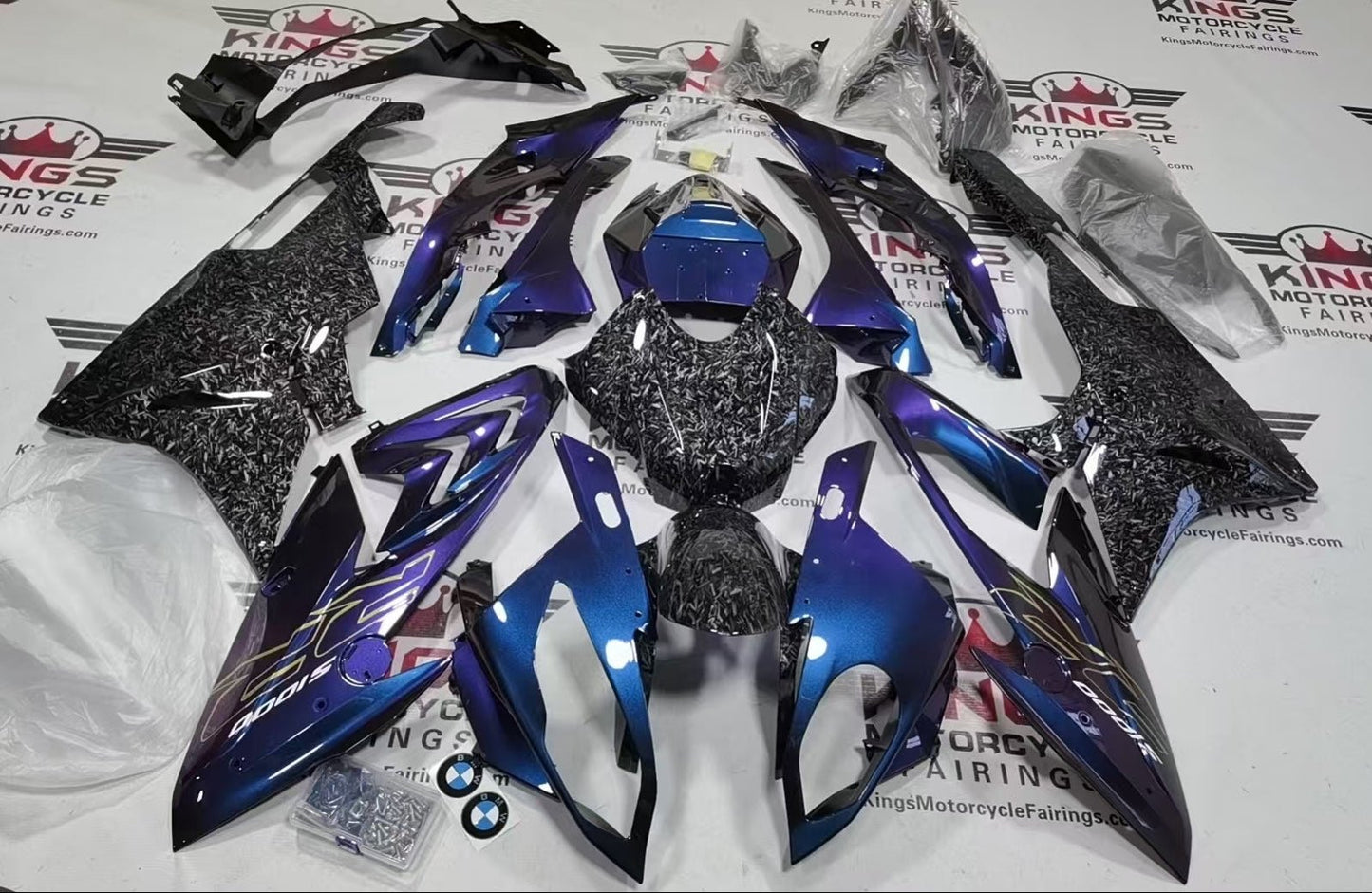 BMW S1000RR Fairing Kit (2015-2016) Chameleon Blue, Faux Forged Carbon Fiber at KingsMotorcycleFairings.com