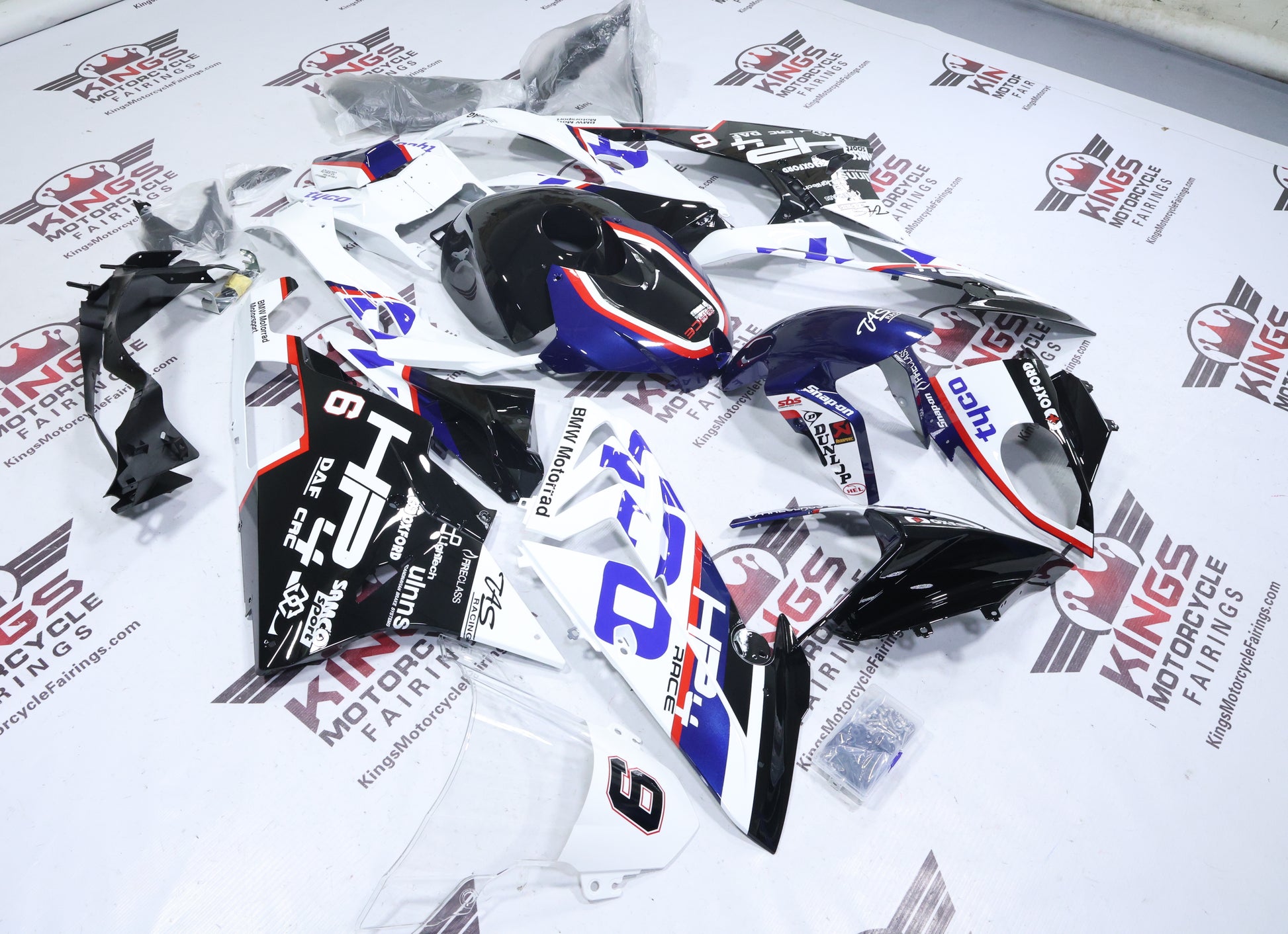 BMW S1000RR Fairings (2015-2016) White, Blue, Black, Tyco #6 from KingsMotorcycleFairings.com