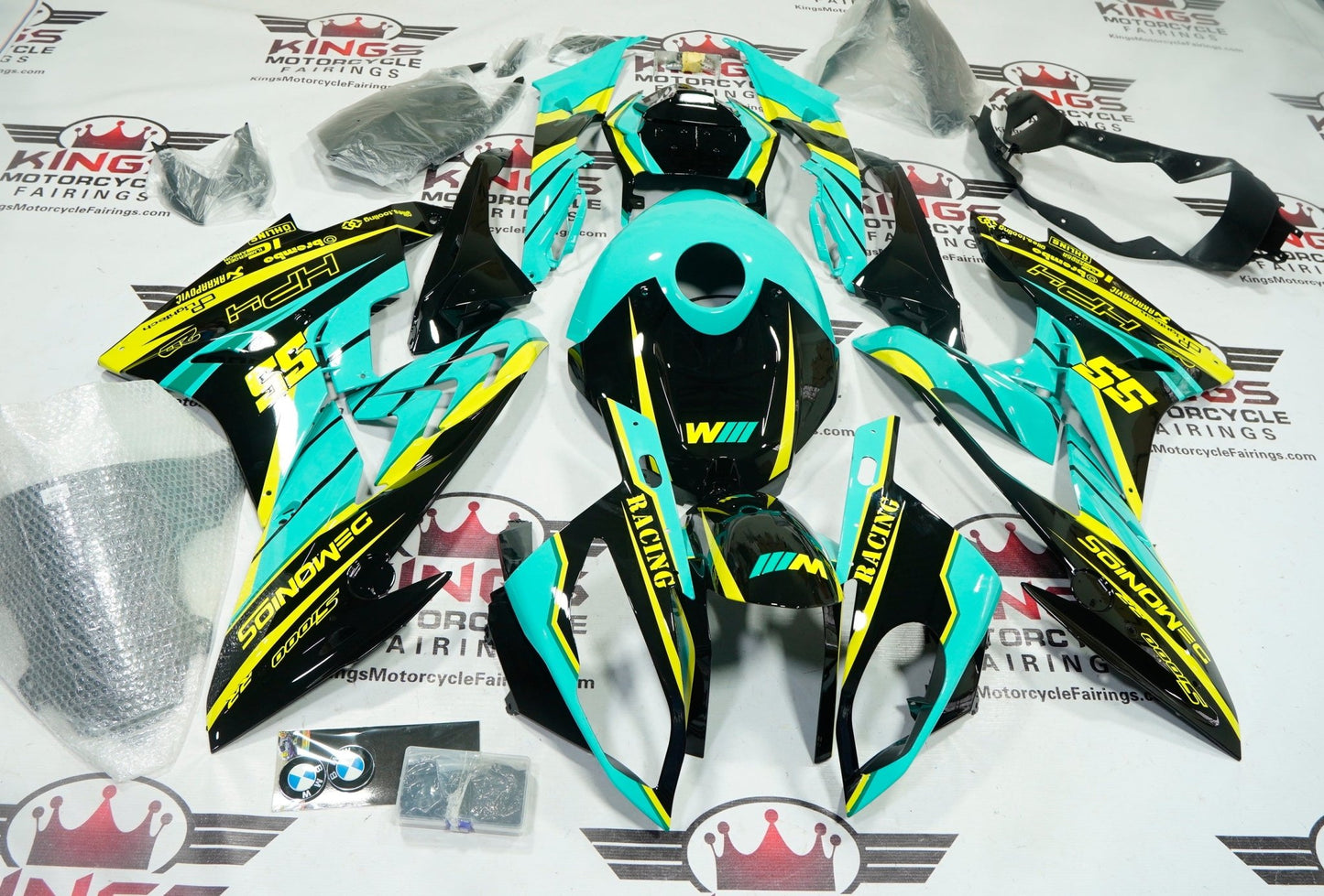 BMW S1000RR Fairings (2017-2018) Black, Turquoise, Yellow at KingsMotorcycleFairings.com