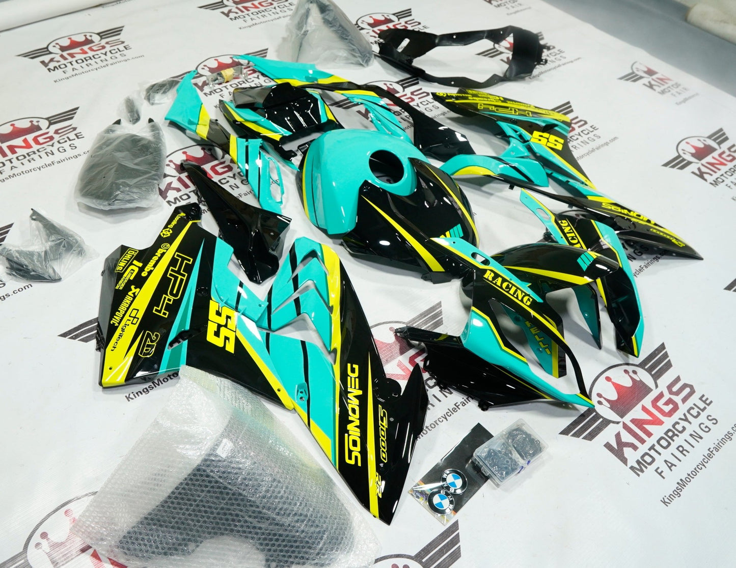 BMW S1000RR Fairings (2017-2018) Black, Turquoise, Yellow by KingsMotorcycleFairings.com