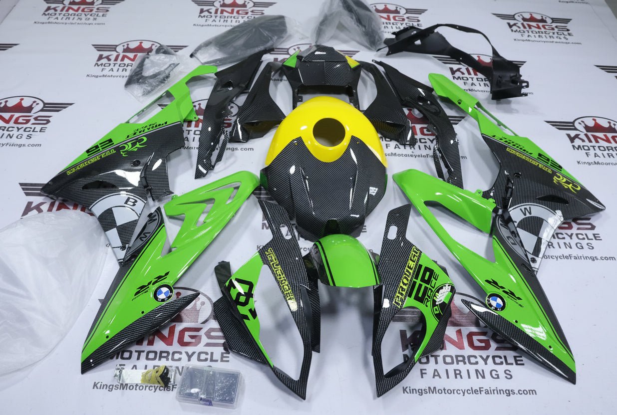 BMW S1000RR Fairings (2015-2016) Green, Faux Carbon Fiber, Yellow from KingsMotorcycleFairings.com