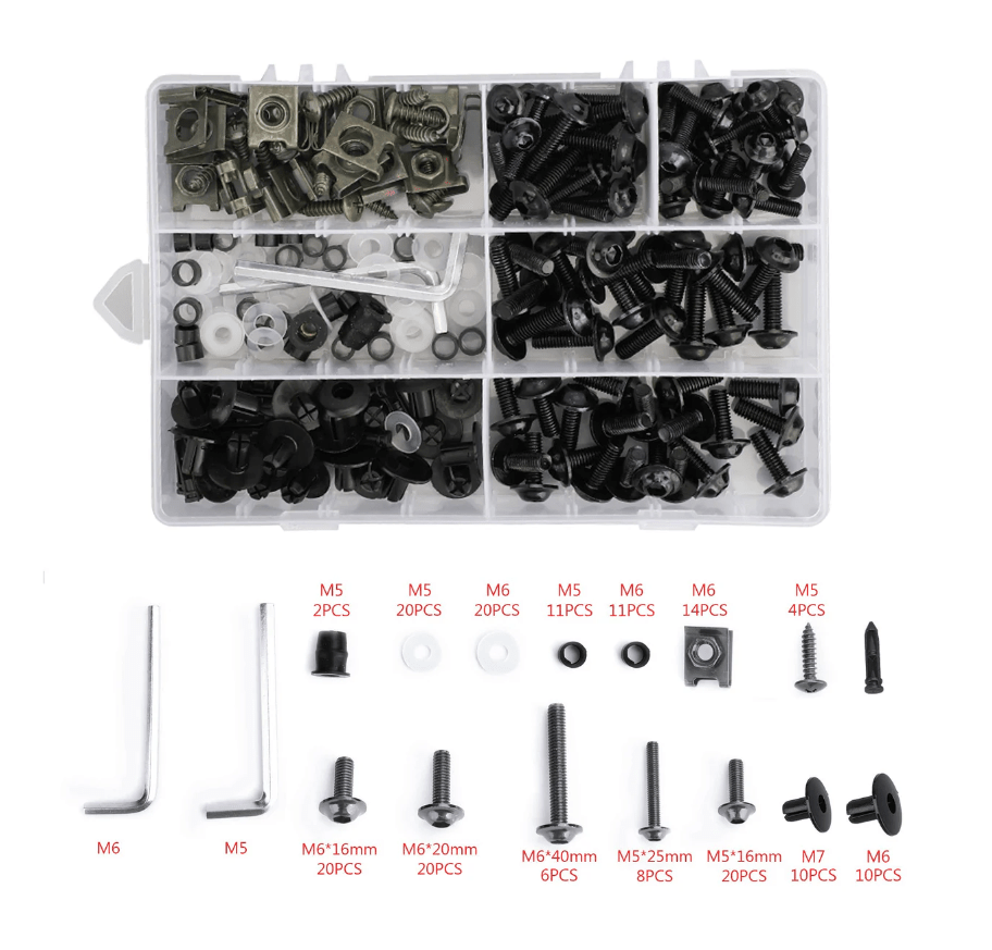 Black Bolt Kit for Universal Fit Motorcycle Fairing Installation from KingsMotorcycleFairings.com