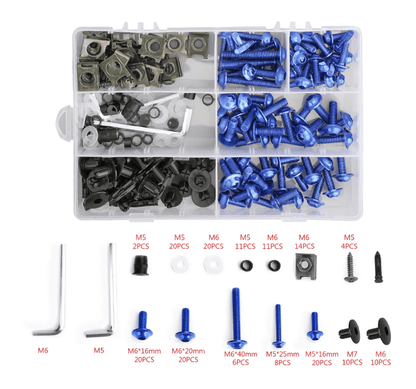Blue Hardware Bolt Kit for Universal Fit Motorcycle Fairing Installation at KingsMotorcycleFairings.com