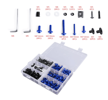 Blue Hardware Bolt Set for Universal Fit Motorcycle Fairing Installation at KingsMotorcycleFairings.com