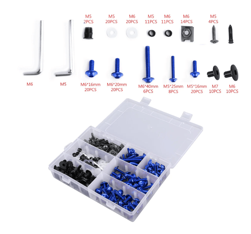 Blue Hardware Bolt Set for Universal Fit Motorcycle Fairing Installation at KingsMotorcycleFairings.com