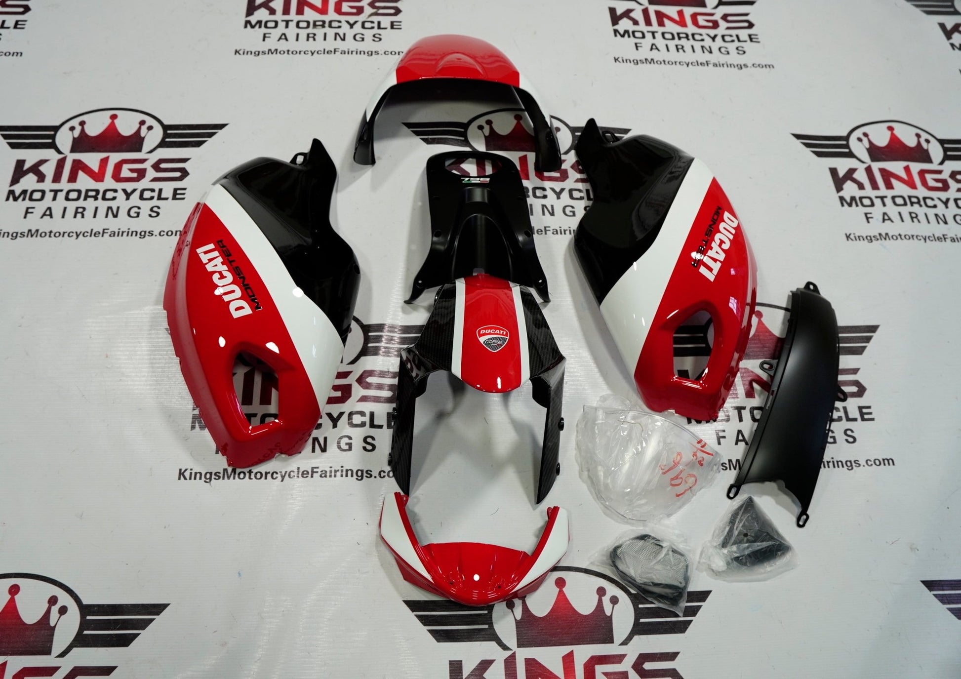 DUCATI MONSTER 696/796/1100 (2009-2016) BLACK, WHITE, RED, FAUX CARBON FIBER FAIRINGS at KingsMotorcycleFairings.com