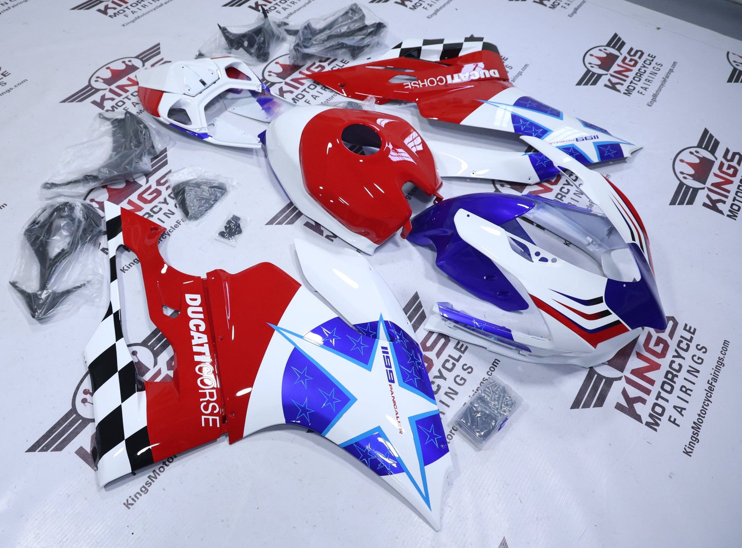 Ducati 1199 Fairings (2011-2014) White, Red, Blue, Corse Star at KingsMotorcycleFairings.com