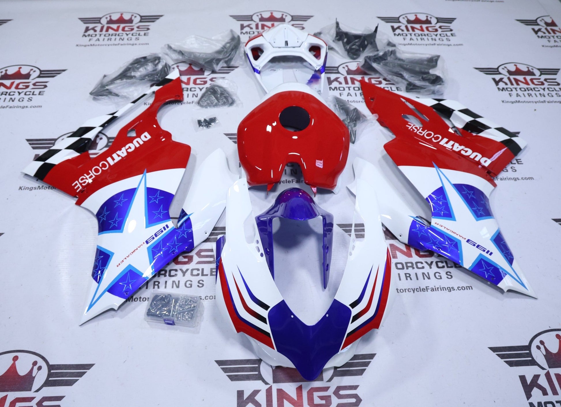 Ducati 1199 Fairings (2011-2014) White, Red, Blue, Corse Star from KingsMotorcycleFairings.com