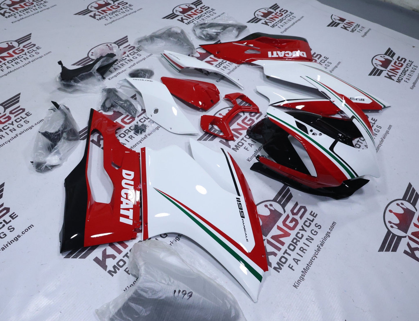 Ducati 1199 Fairings (2011-2014) White, Red, Green, Black Stripe from KingsMotorcycleFairings.com