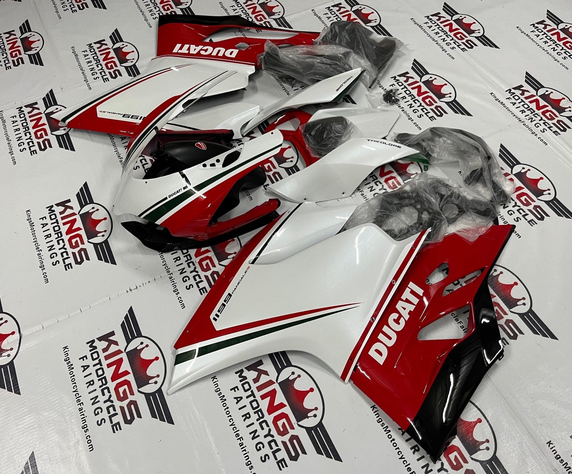 Ducati 1199 Fairing set (2011-2014) White, Red, Black Stripe at KingsMotorcycleFairings.com