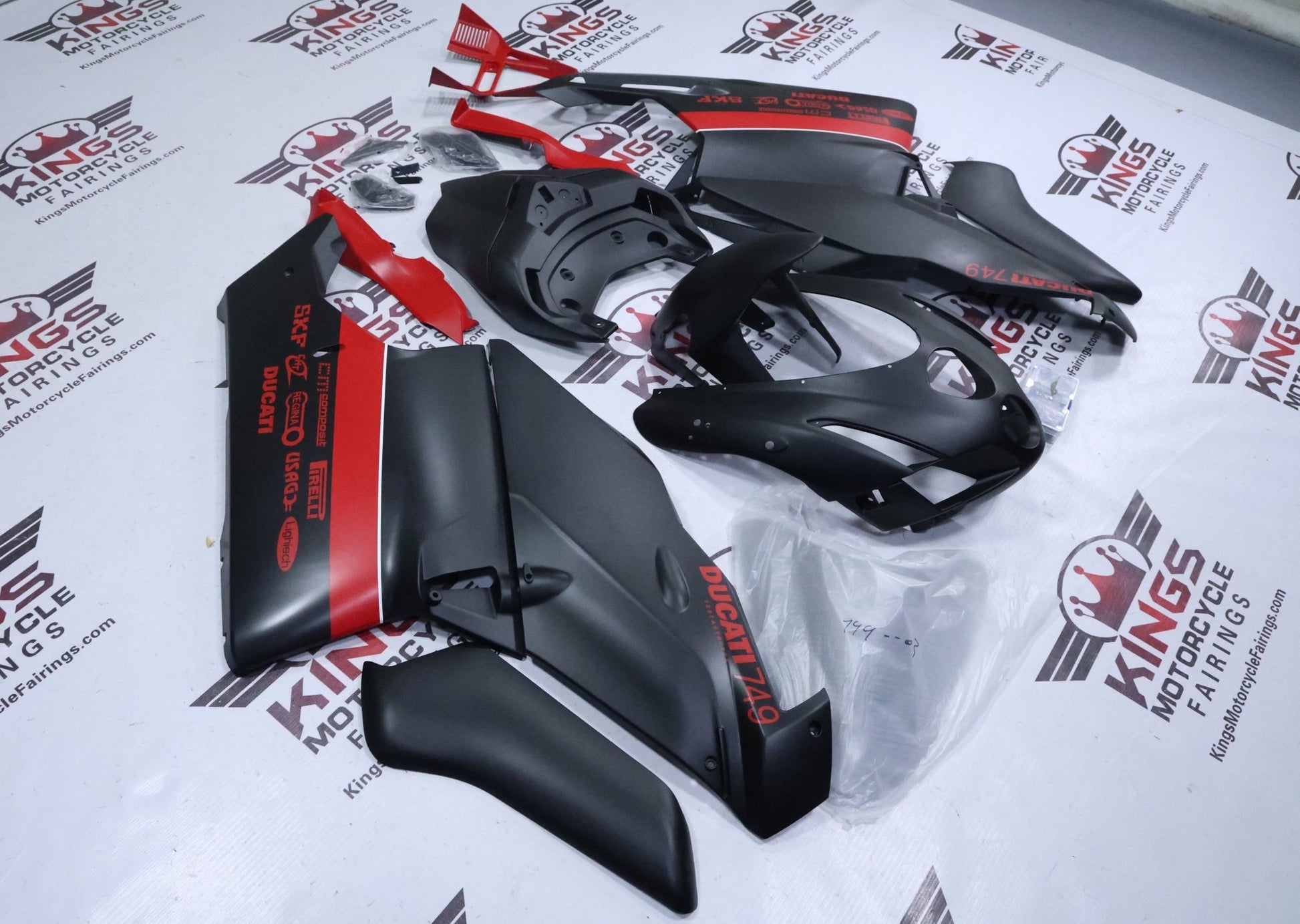 Ducati 749 Fairings (2003-2004) Matte Black, Red Stripe at KingsMotorcycleFairings.com