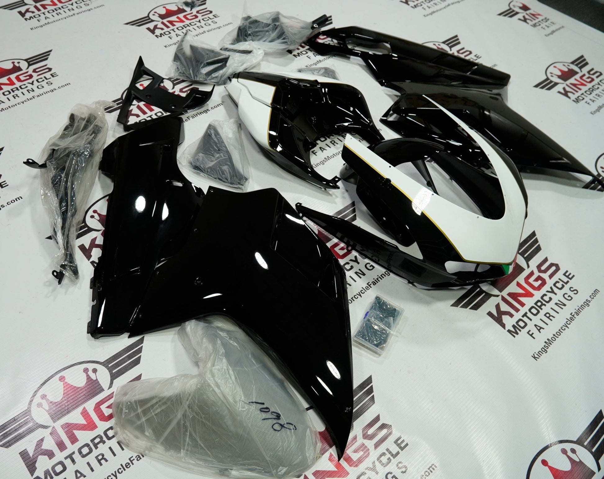 Ducati 848 (2007-2014) Black, White & Gold Fairings at KingsMotorcycleFairings.com