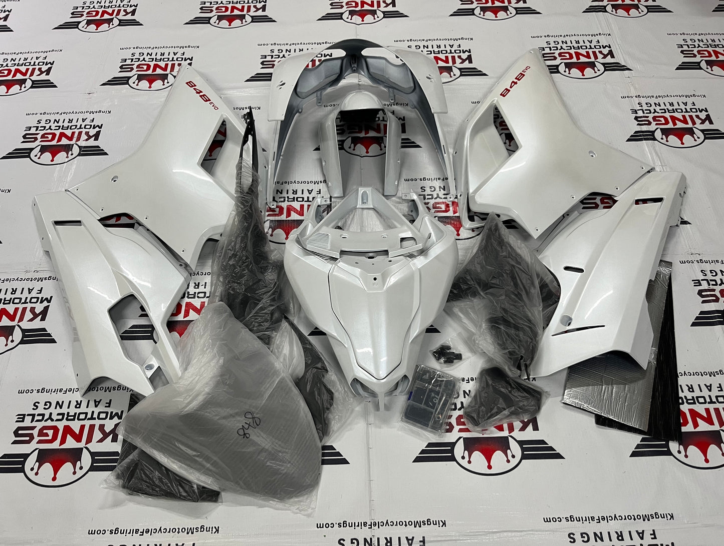 Ducati 848 (2007-2014) Pearl White, Red Fairings at KingsMotorcycleFairings.com