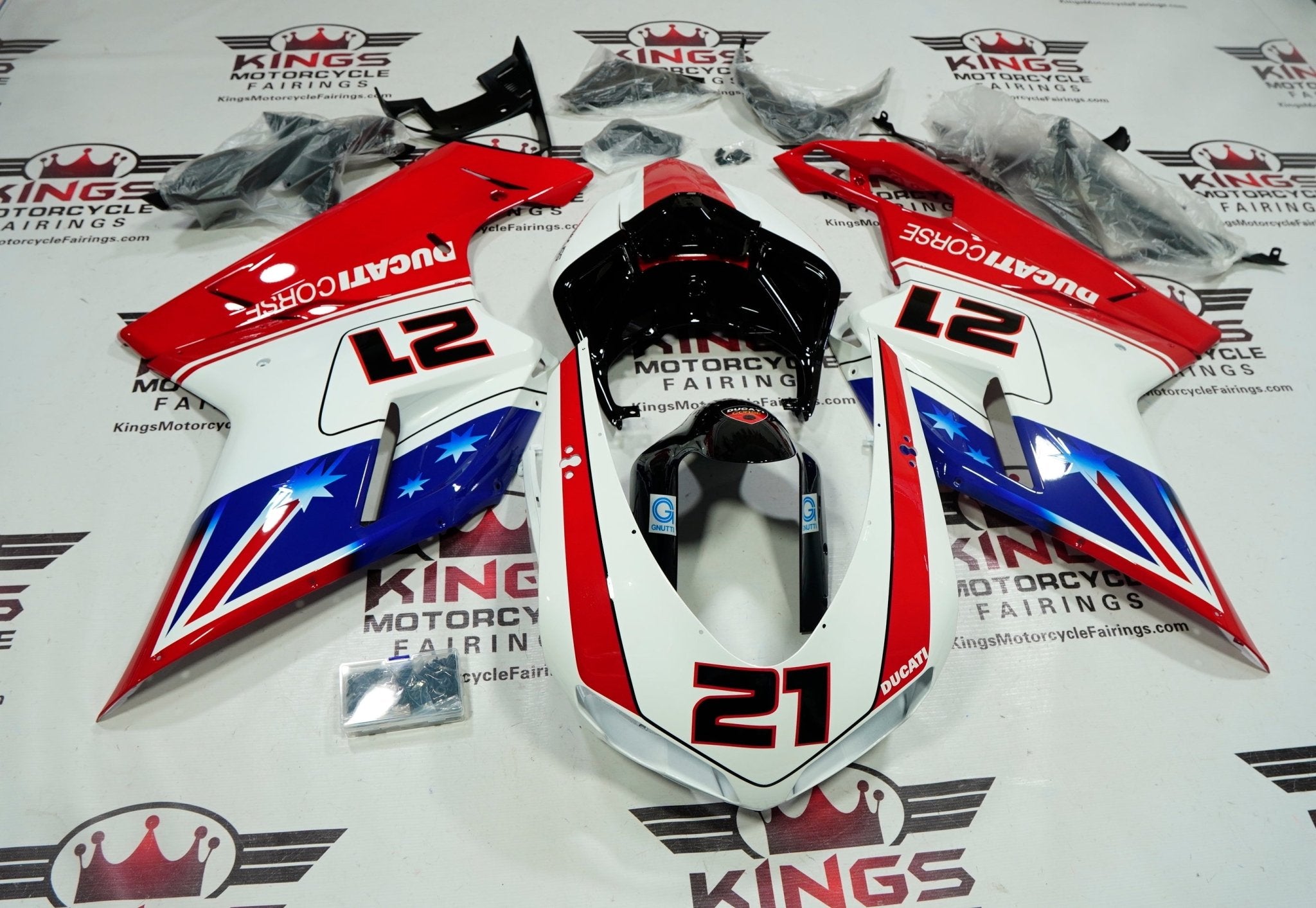 Ducati 848 Fairings (2007-2014) Red, White & Blue Bayliss Corse #21 at KingsMotorcycleFairings.com