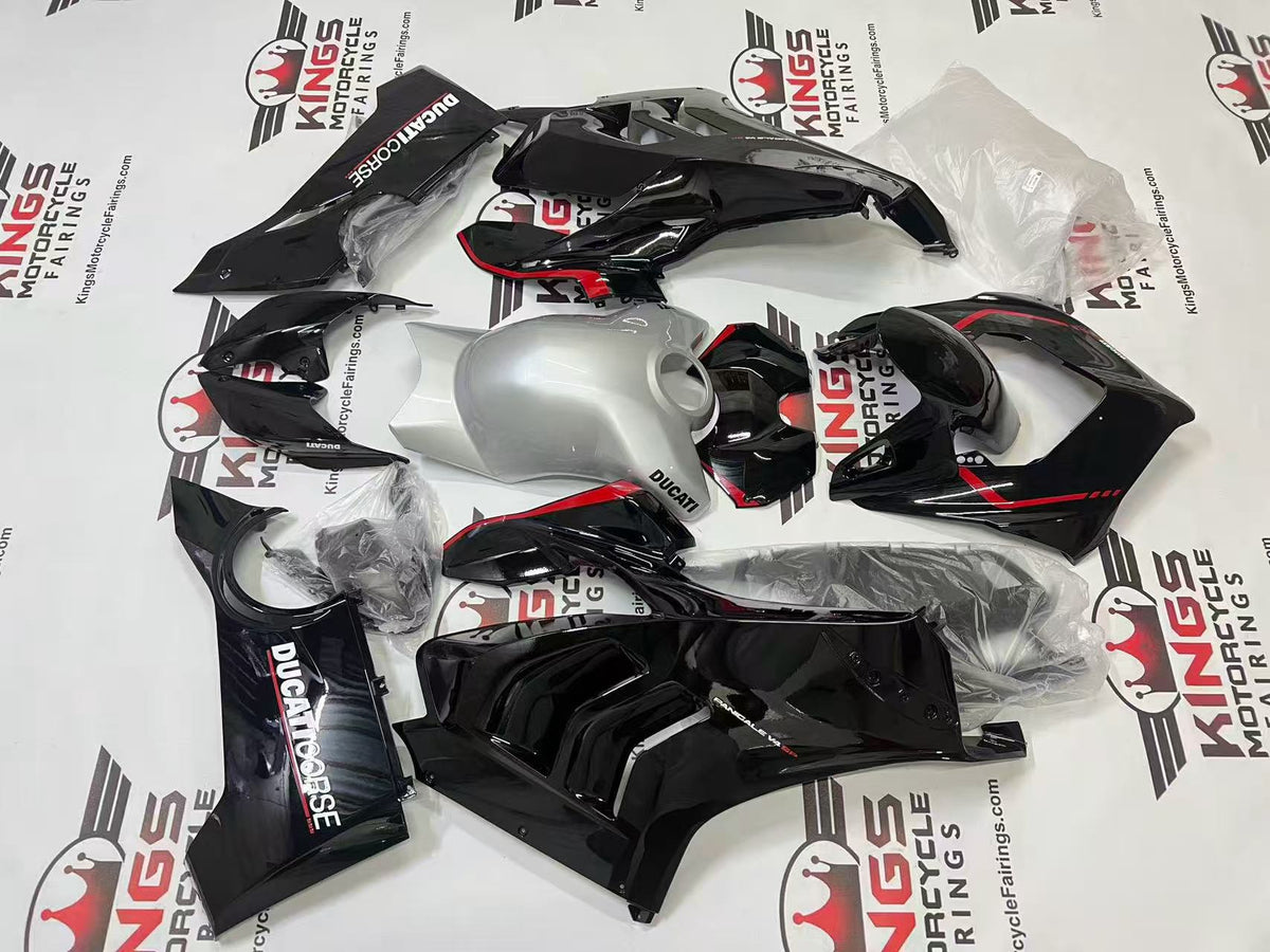 Ducati Panigale V4 Fairing Kit (2020-2021) Black, Silver, Red Stripe at KingsMotorcycleFairings.com