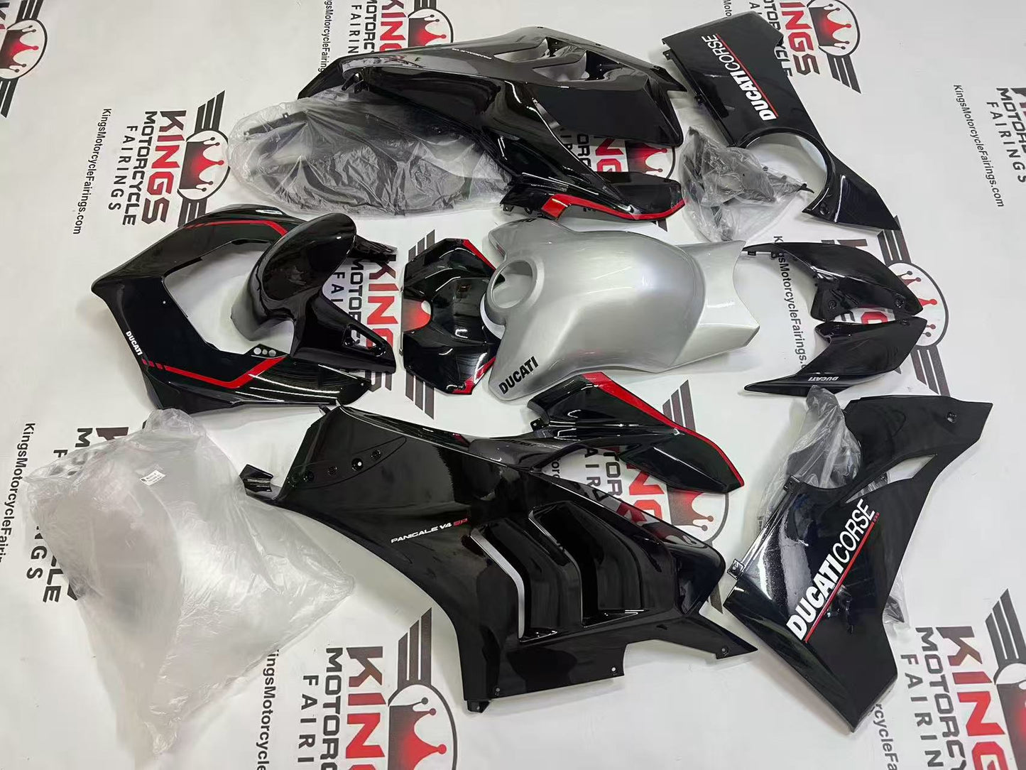 Ducati Panigale V4 Fairing Set (2020-2021) Black, Silver, Red Stripe at KingsMotorcycleFairings.com