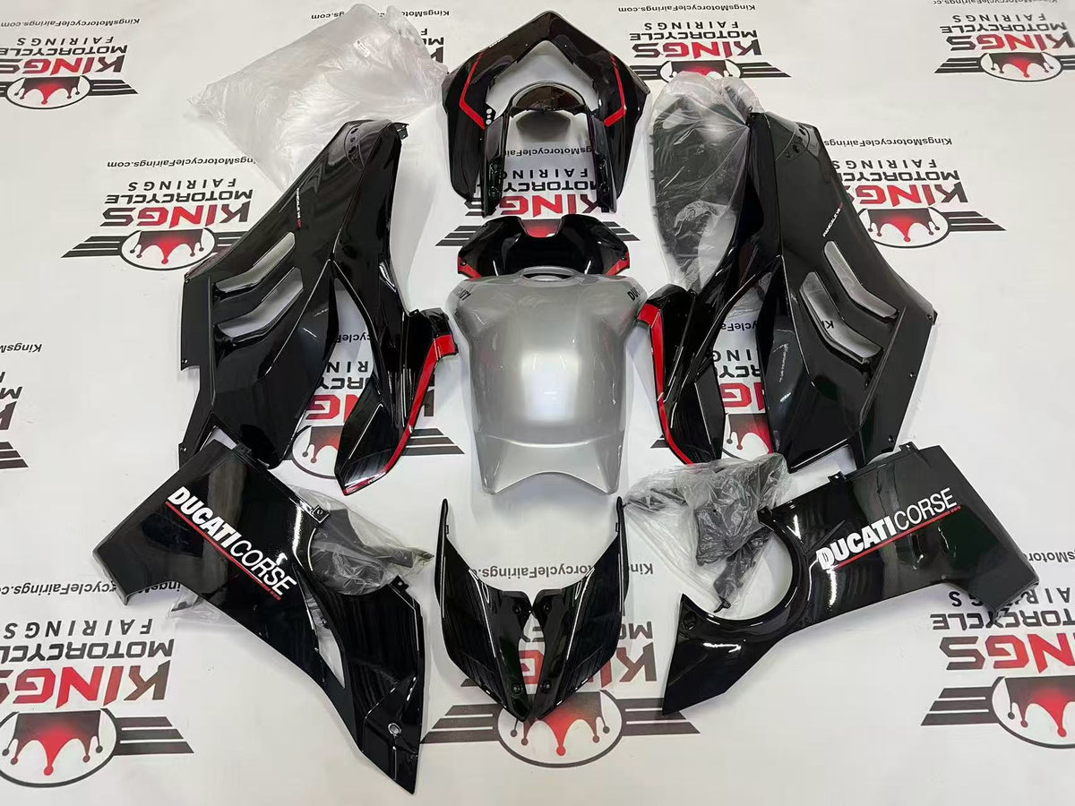 Ducati Panigale V4 Fairings (2020-2021) Black, Silver, Red Stripe at KingsMotorcycleFairings.com