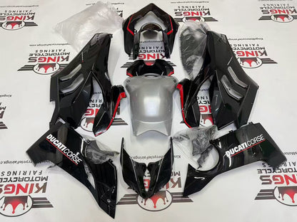 Ducati Panigale V4 Fairings (2020-2021) Black, Silver, Red Stripe at KingsMotorcycleFairings.com