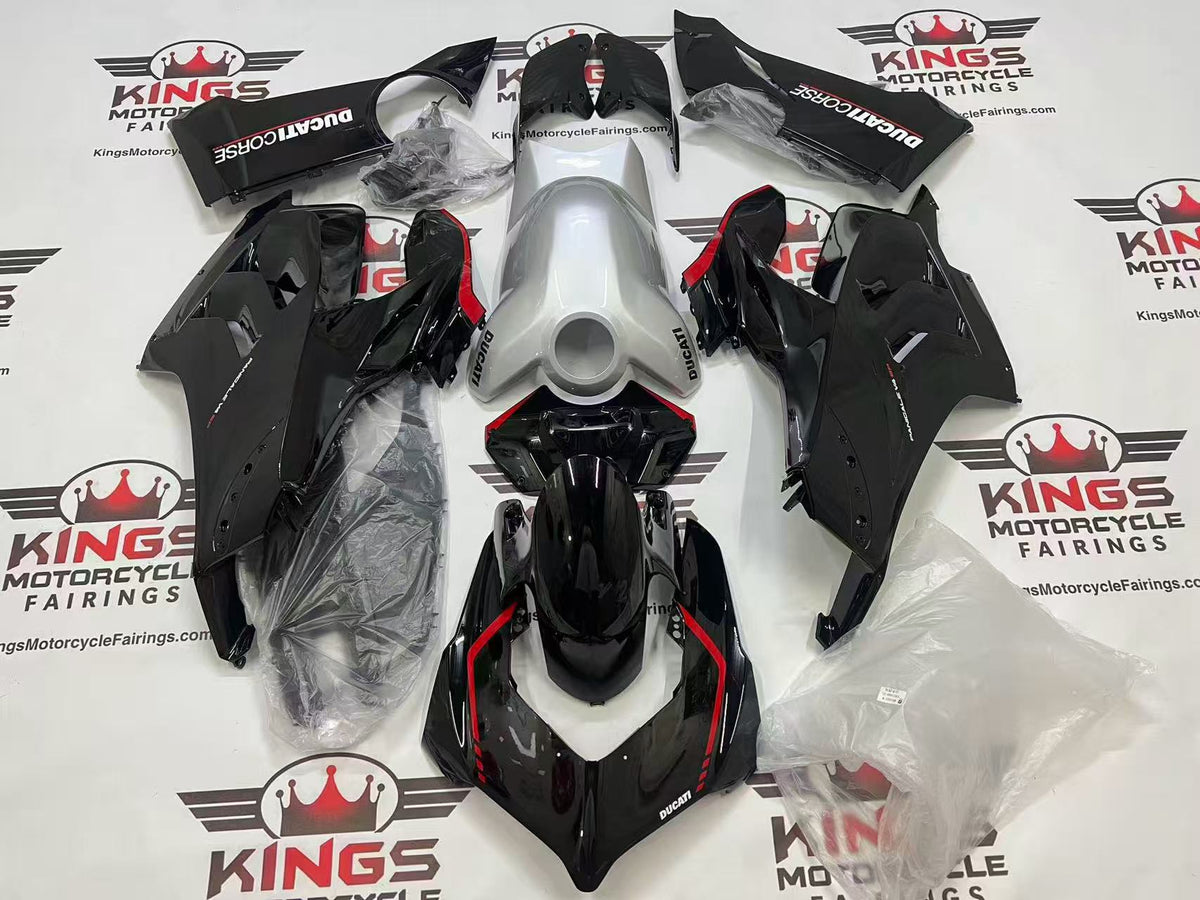 Ducati Panigale V4 Fairings (2020-2021) Black, Silver, Red Stripe from KingsMotorcycleFairings.com