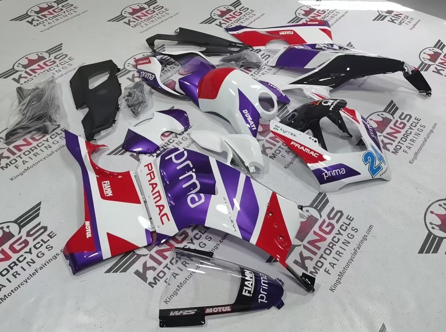 Ducati Panigale V4S Fairings (2020-2021) White, Red, Purple Pramac at KingsMotorcycleFairings.com