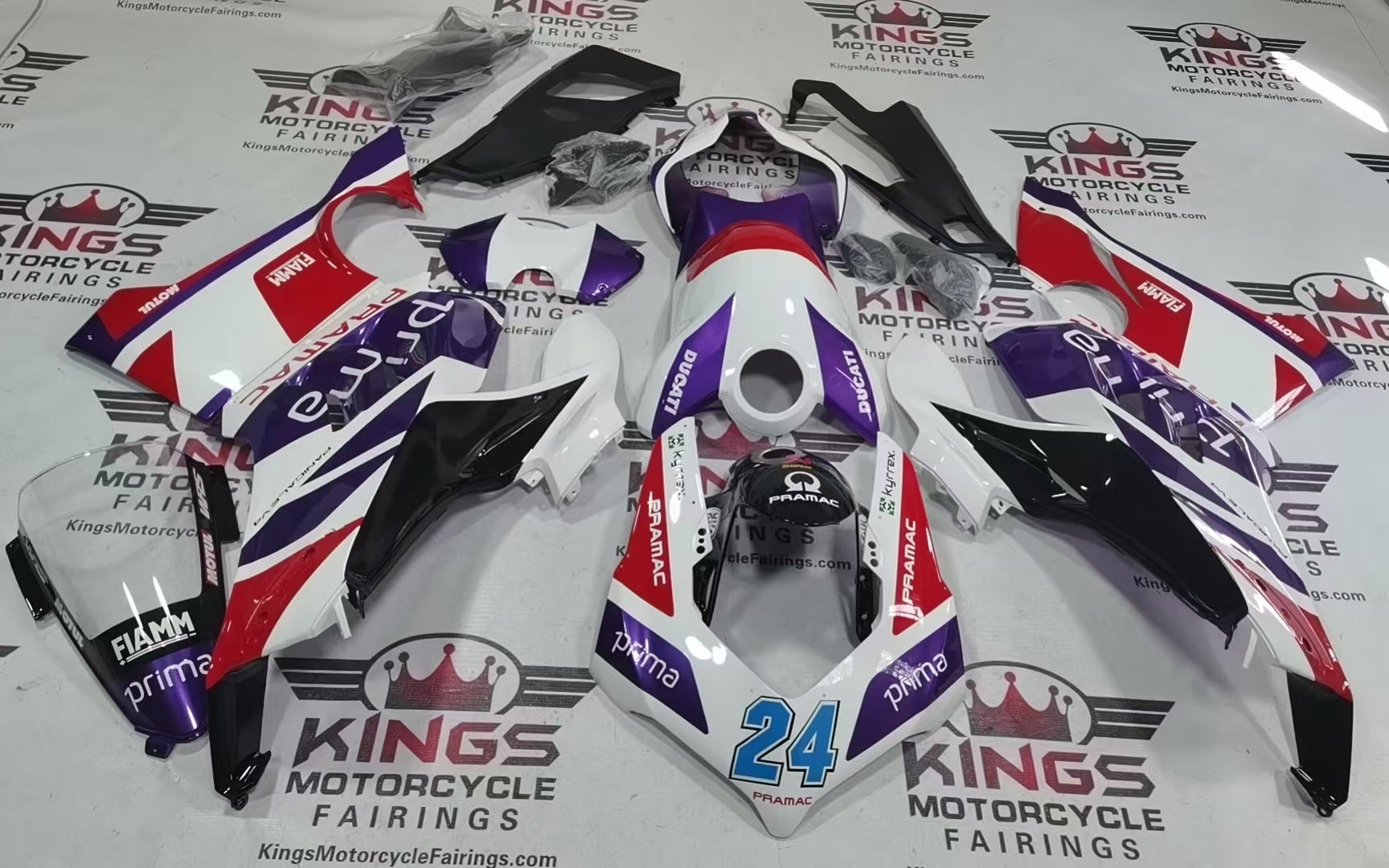 Ducati Panigale V4S Fairings (2020-2021) White, Red, Purple Pramac from KingsMotorcycleFairings.com