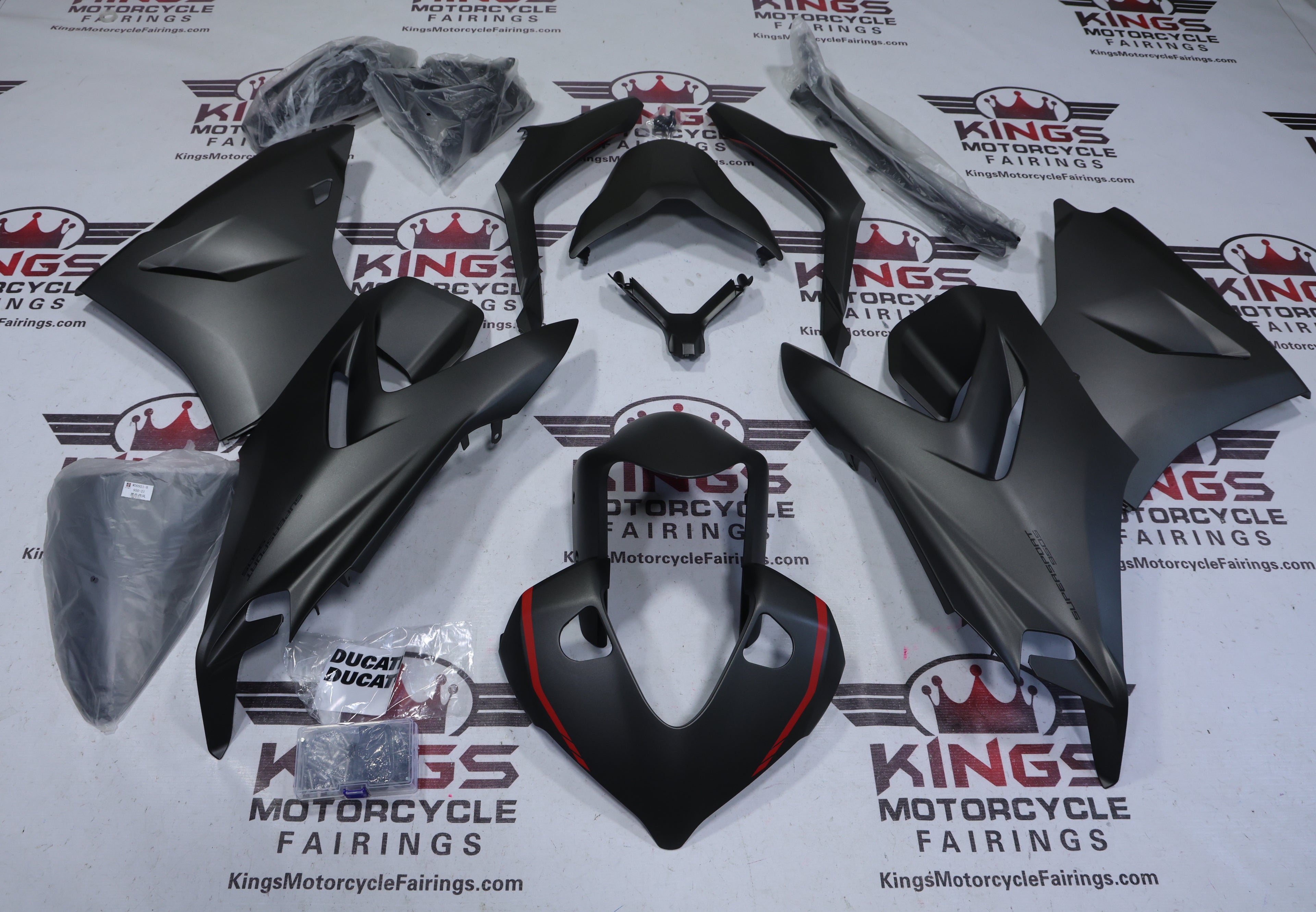 Ducati Supersport 950 Fairings (2021-2024) Matte Black, Red Stripe at KingsMotorcycleFairings.com