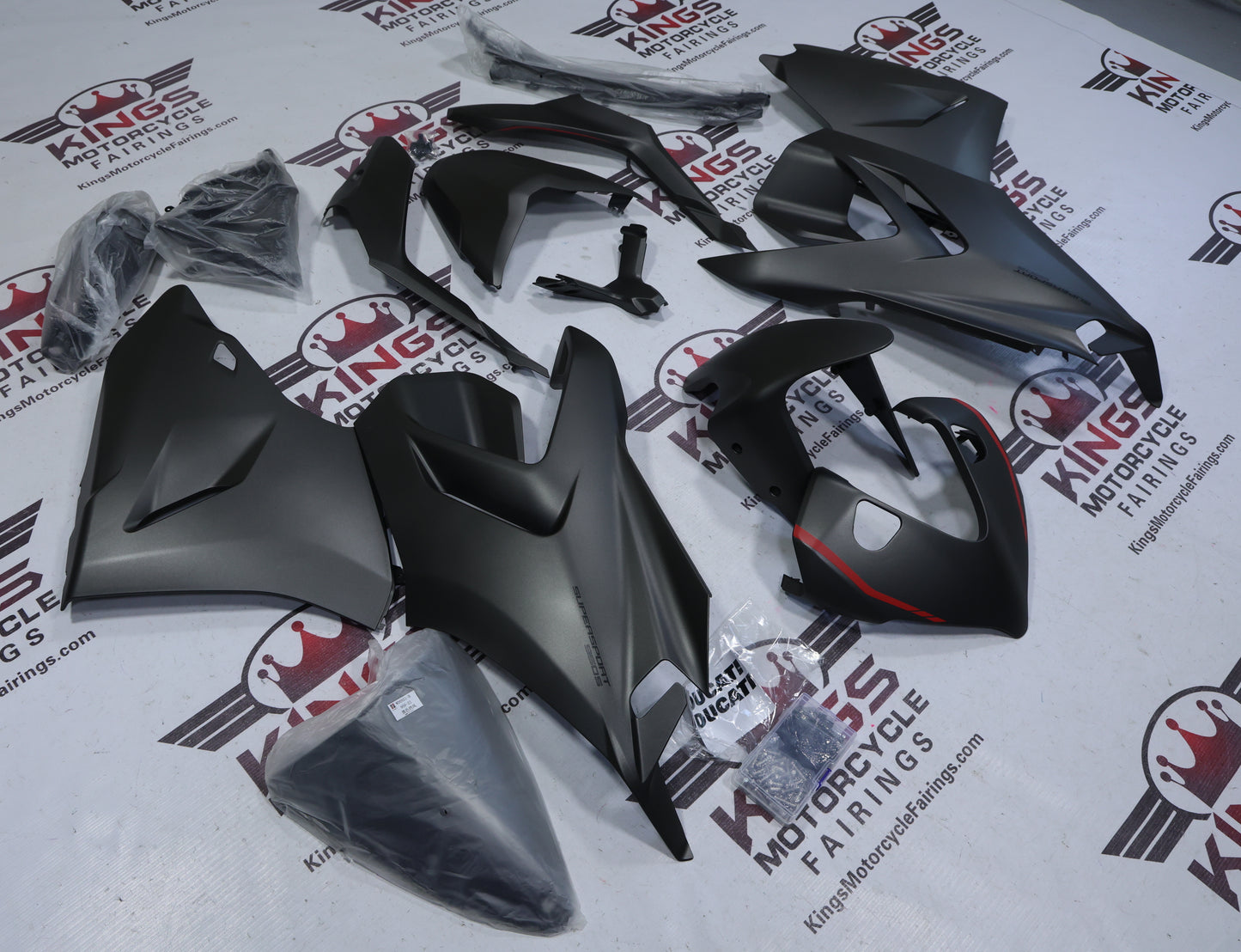 Ducati Supersport 950 Fairings (2021-2024) Matte Black, Red Stripe from KingsMotorcycleFairings.com