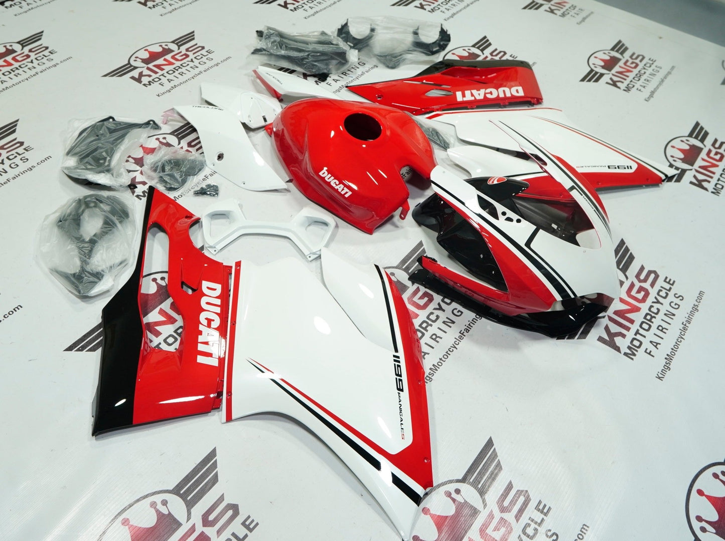 Ducati 1199 Fairing set (2011-2014) White, Red, Black Stripe at KingsMotorcycleFairings.com