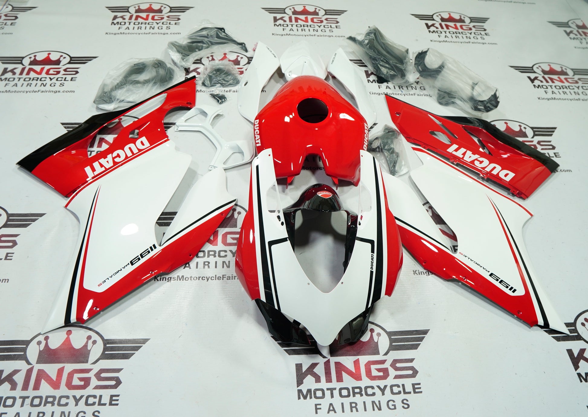 Ducati 1199 Fairings (2011-2014) White, Red, Black Stripe at KingsMotorcycleFairings.com