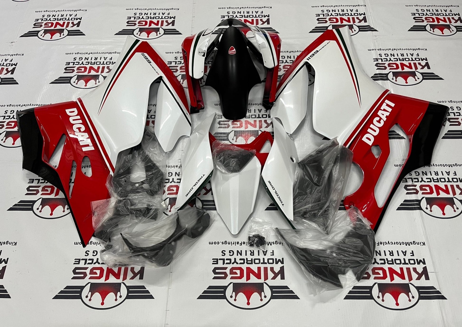 Ducati 1199 Fairings (2011-2014) White, Red, Black Stripes at KingsMotorcycleFairings.com