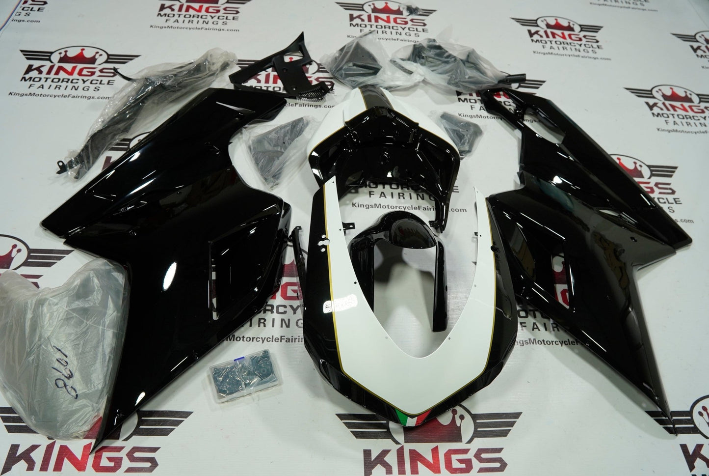 Ducati 848 (2007-2014) Black, White & Gold Fairings at KingsMotorcycleFairings.com