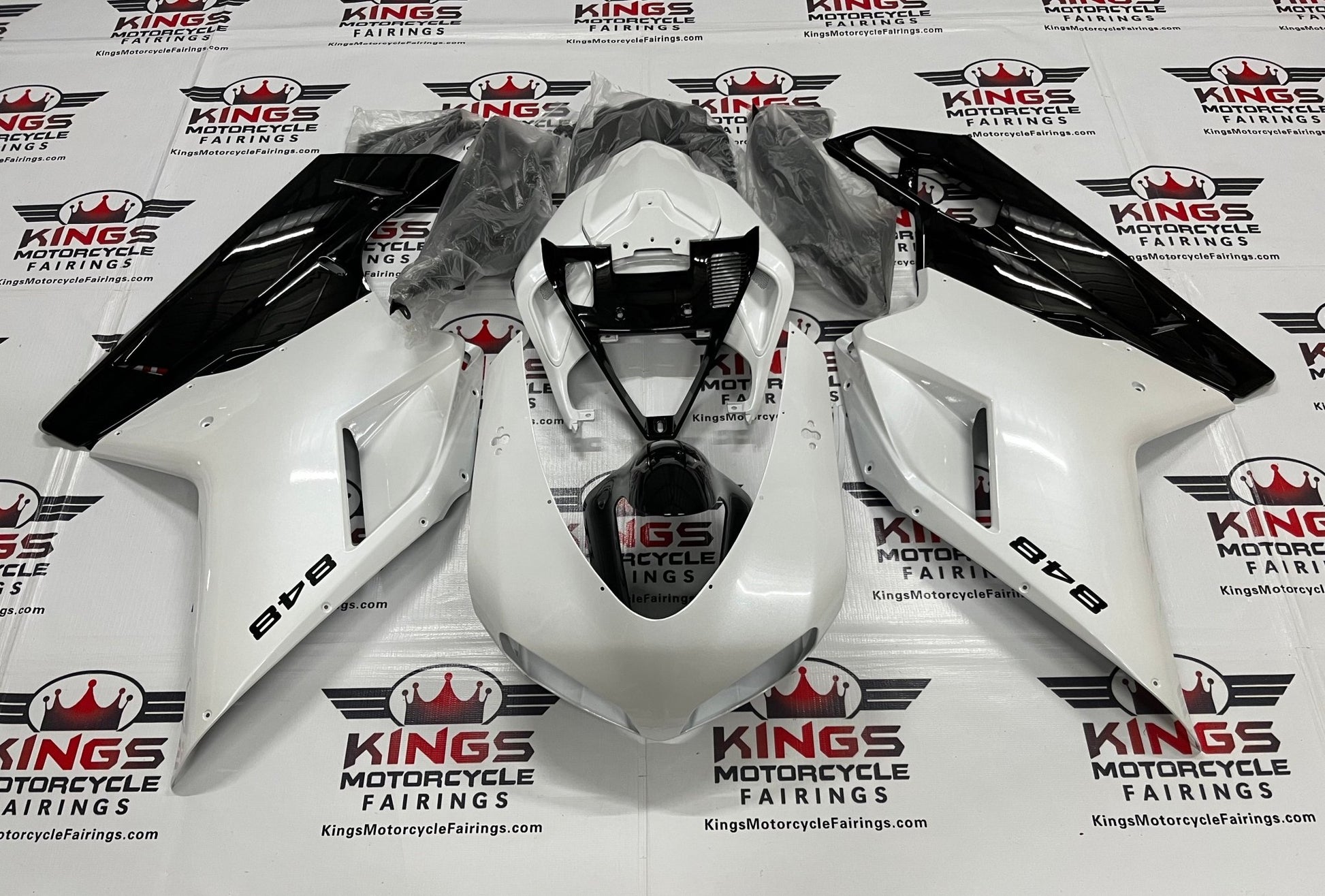 Ducati 848 (2007-2014) Pearl White, Black Fairings at KingsMotorcycleFairings.com 