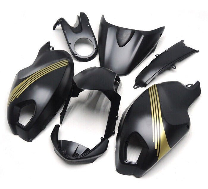 Ducati Monster 696, 796, 1100 Fairing set (2008-2016) Matte Black, Gold Stripes at KingsMotorcycleFairings.com