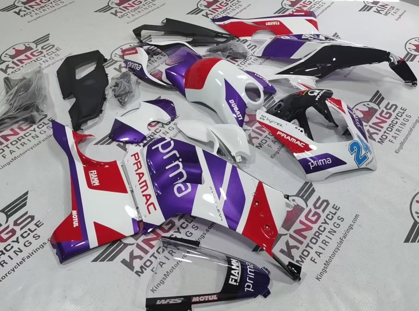 Ducati Panigale V4 Fairing Kit (2020-2021) White, Red, Purple Pramac at KingsMotorcycleFairings.com