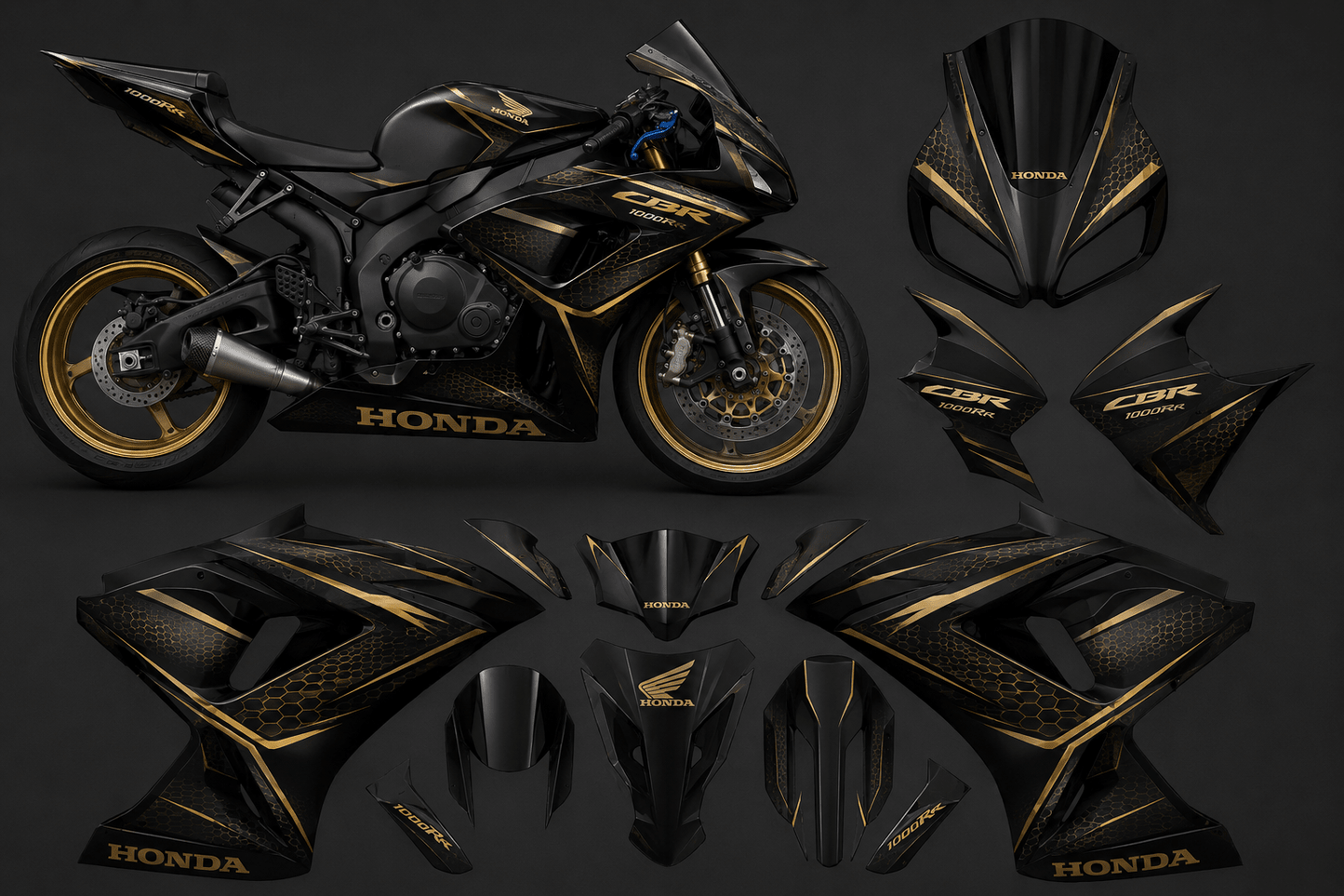 Fairing Kit for Honda CBR1000RR Fairings (2006-2007) Matte Black, Gold Honeycomb at KingsMotorcycleFairings.com