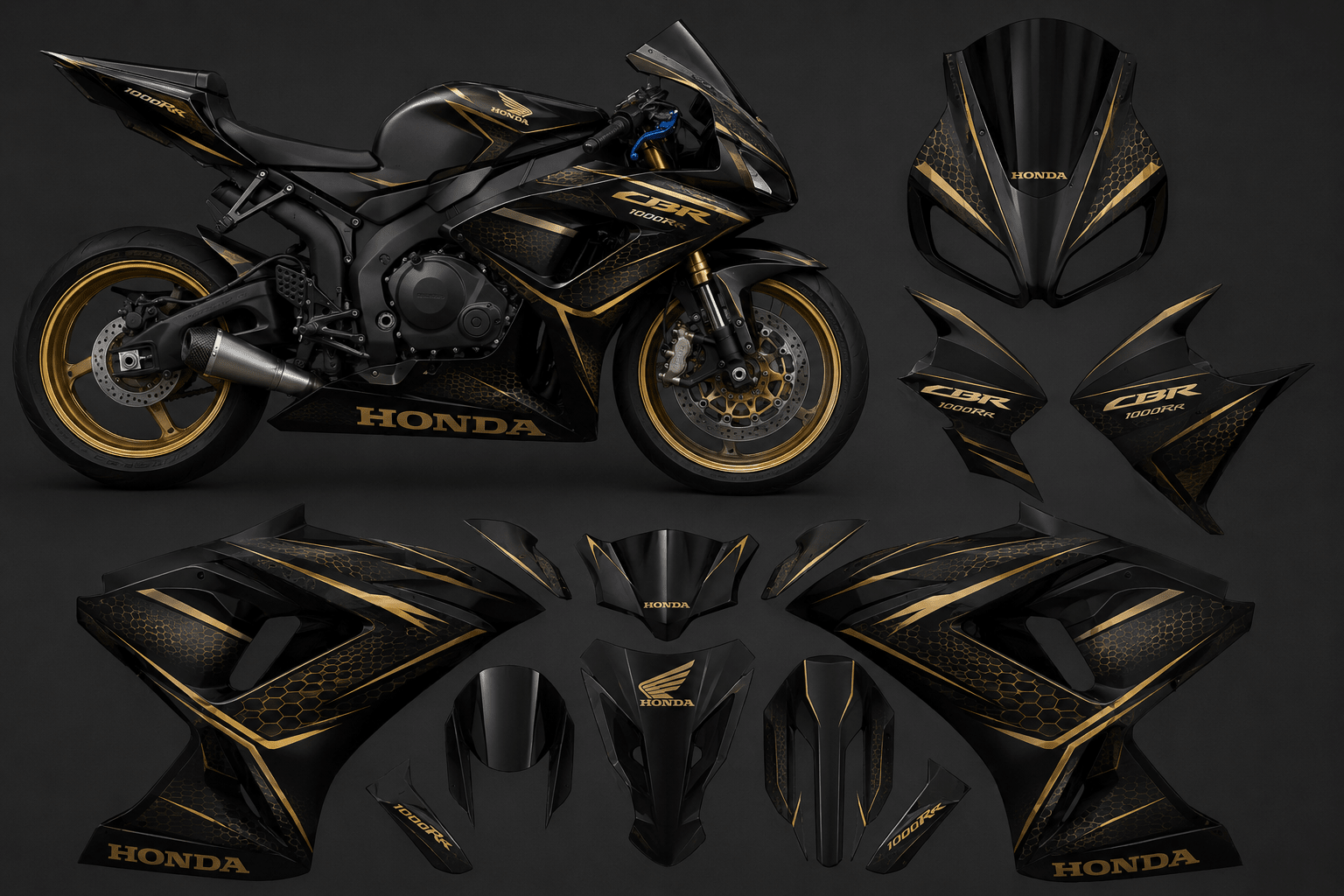 Fairing Kit for Honda CBR1000RR Fairings (2006-2007) Matte Black, Gold Honeycomb at KingsMotorcycleFairings.com