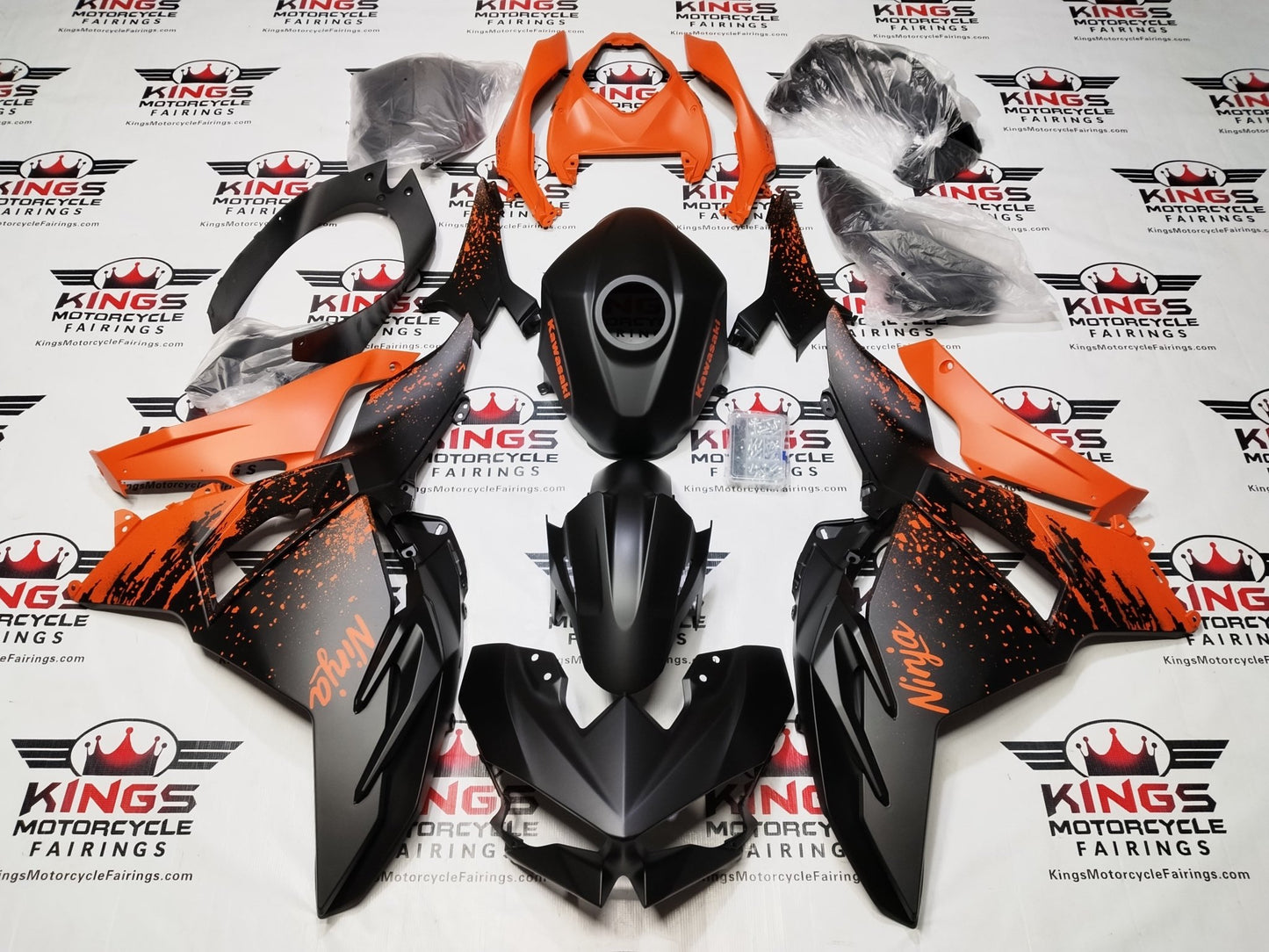 Fairing Kit for Kawasaki Ninja 500 (2024-2025) Matte Black, Matte Orange Spray from KingsMotorcycleFairings.com
