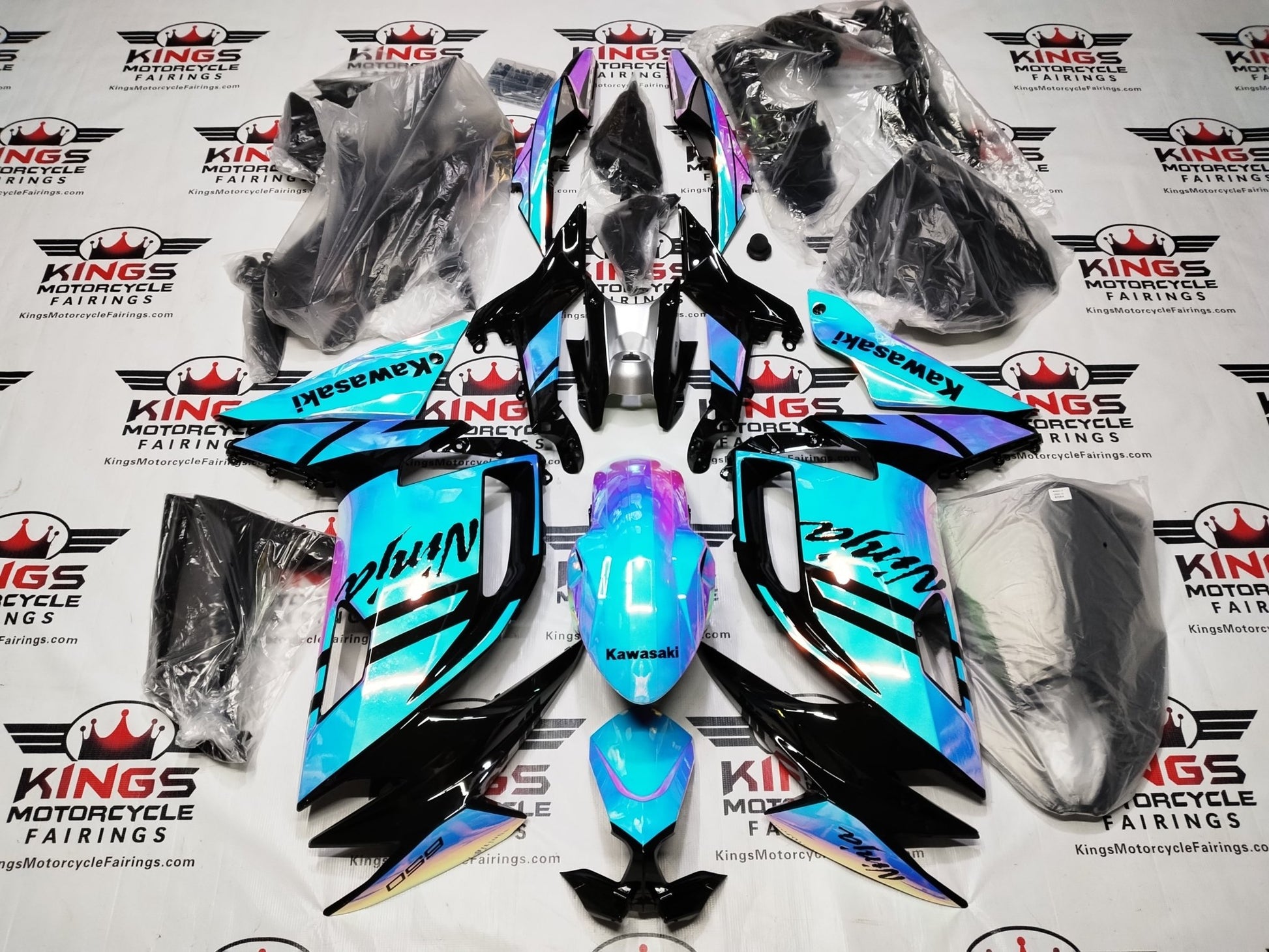 Fairing Kit for Kawasaki Ninja 650 (2020-2025) Blue, Pink, Chrome Chameleon, Black from KingsMotorcycleFairings.com.