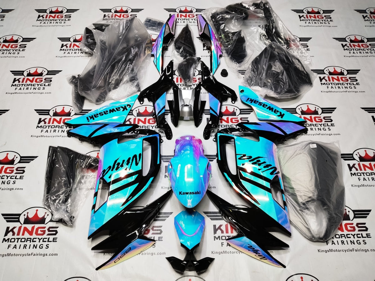 Fairing Kit for Kawasaki Ninja 650 (2020-2025) Blue, Pink, Chrome Chameleon from KingsMotorcycleFairings.com.