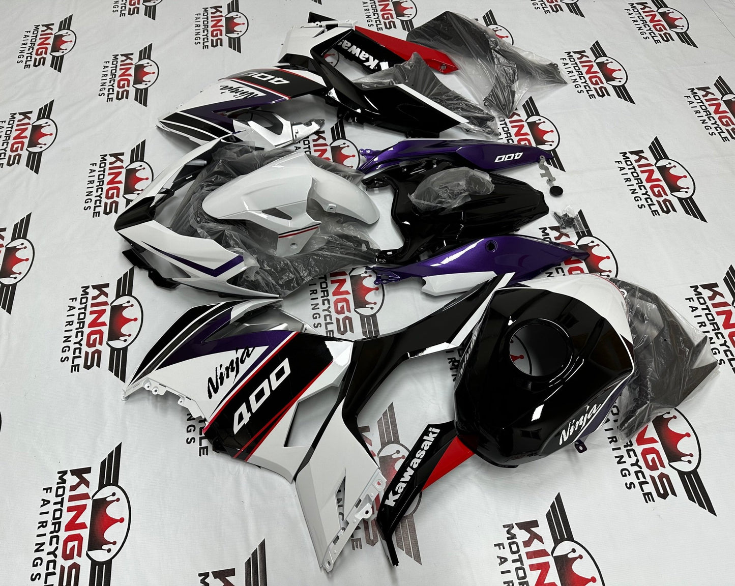 Fairing Set for Kawasaki Ninja 400 (2018-2023) White, Black, Red, Purple at KingsMotorcycleFairings.com