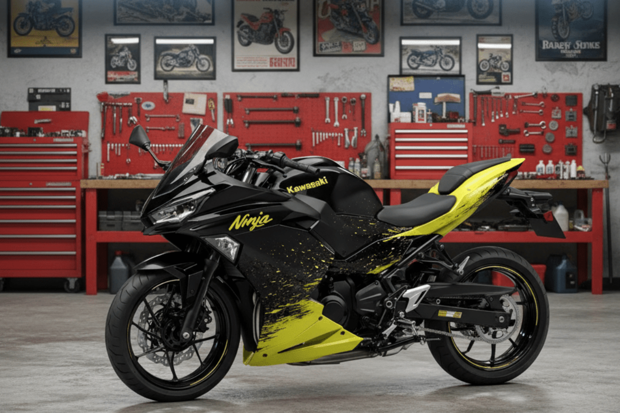 Fairing Kit for Kawasaki Ninja 500 (2024-2025) Matte Black, Yellow Splash at KingsMotorcycleFairings.com