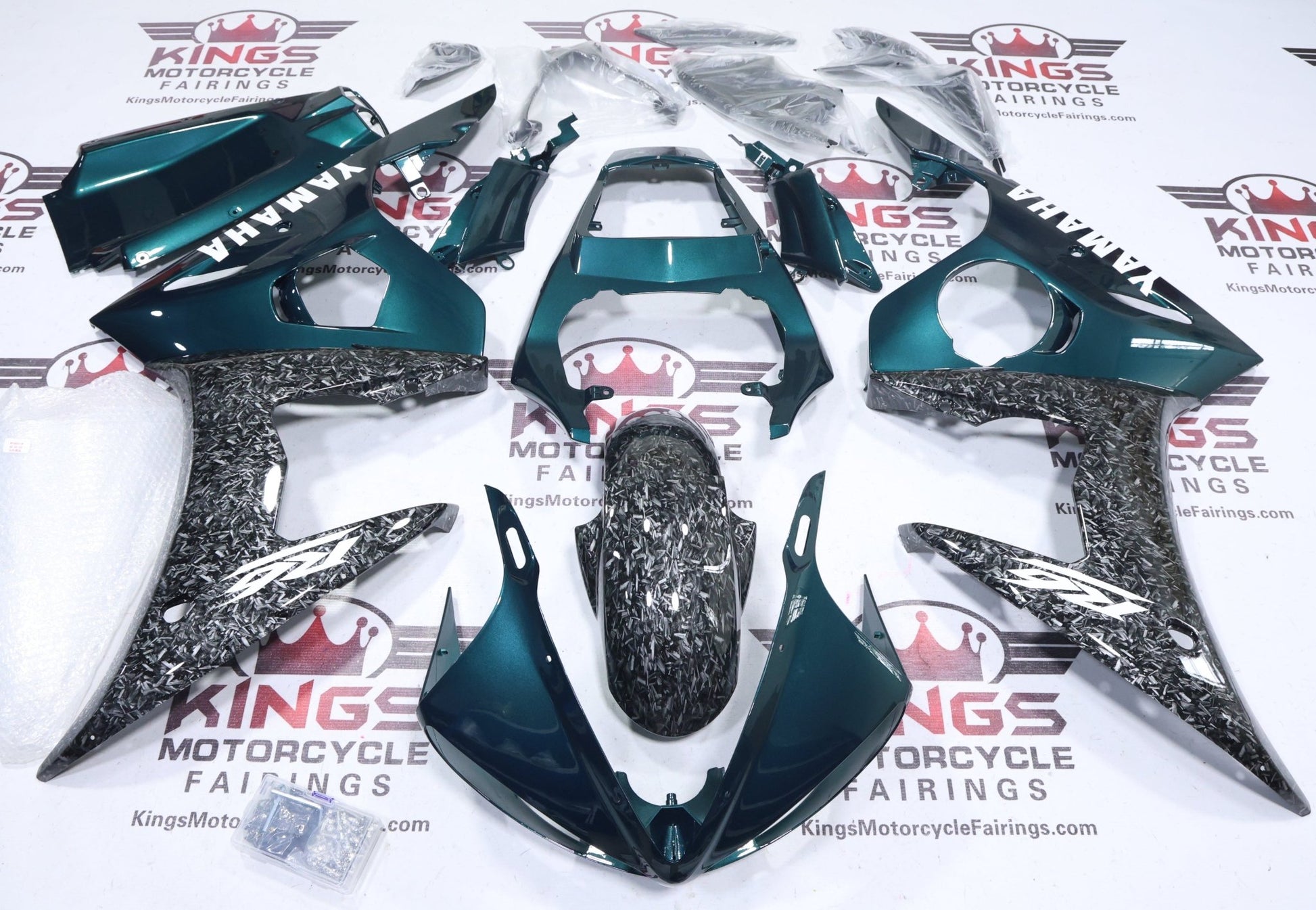 Fairing for Yamaha YZF-R6 (2003-2004) Faux Forged Carbon Fiber, Green, White from KingsMotorcycleFairings.com