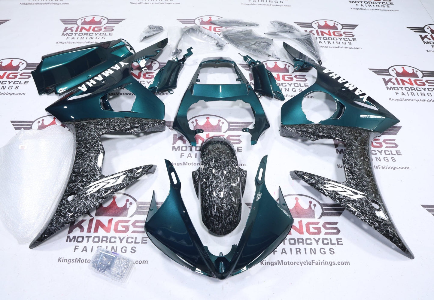 Fairing for Yamaha YZF-R6 (2003-2004) Faux Forged Carbon Fiber, Green, White at KingsMotorcycleFairings.com