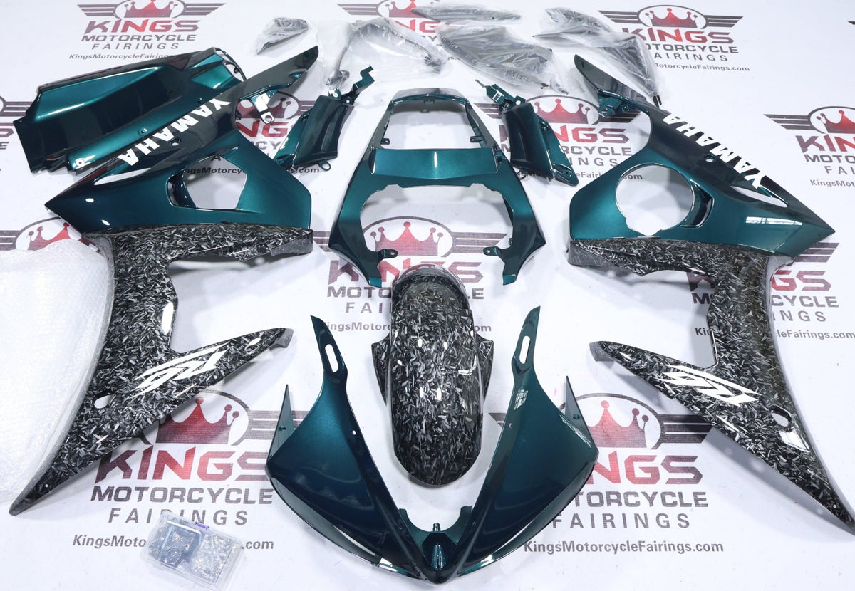 Fairing for Yamaha YZF-R6 (2003-2004) Green, Faux Forged Carbon Fiber, White at KingsMotorcycleFairings.com